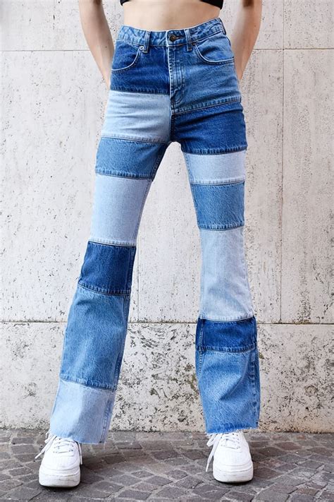 chloe flared jeans|Flared patchwork jeans in denim .